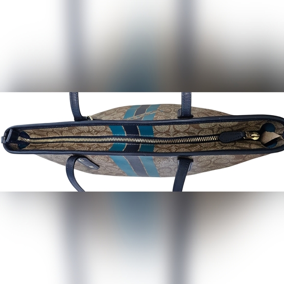 Coach Signature Varsity Stripe City Zip Leather PVC In Khaki/watermelon/navy. - Picture 9 of 14